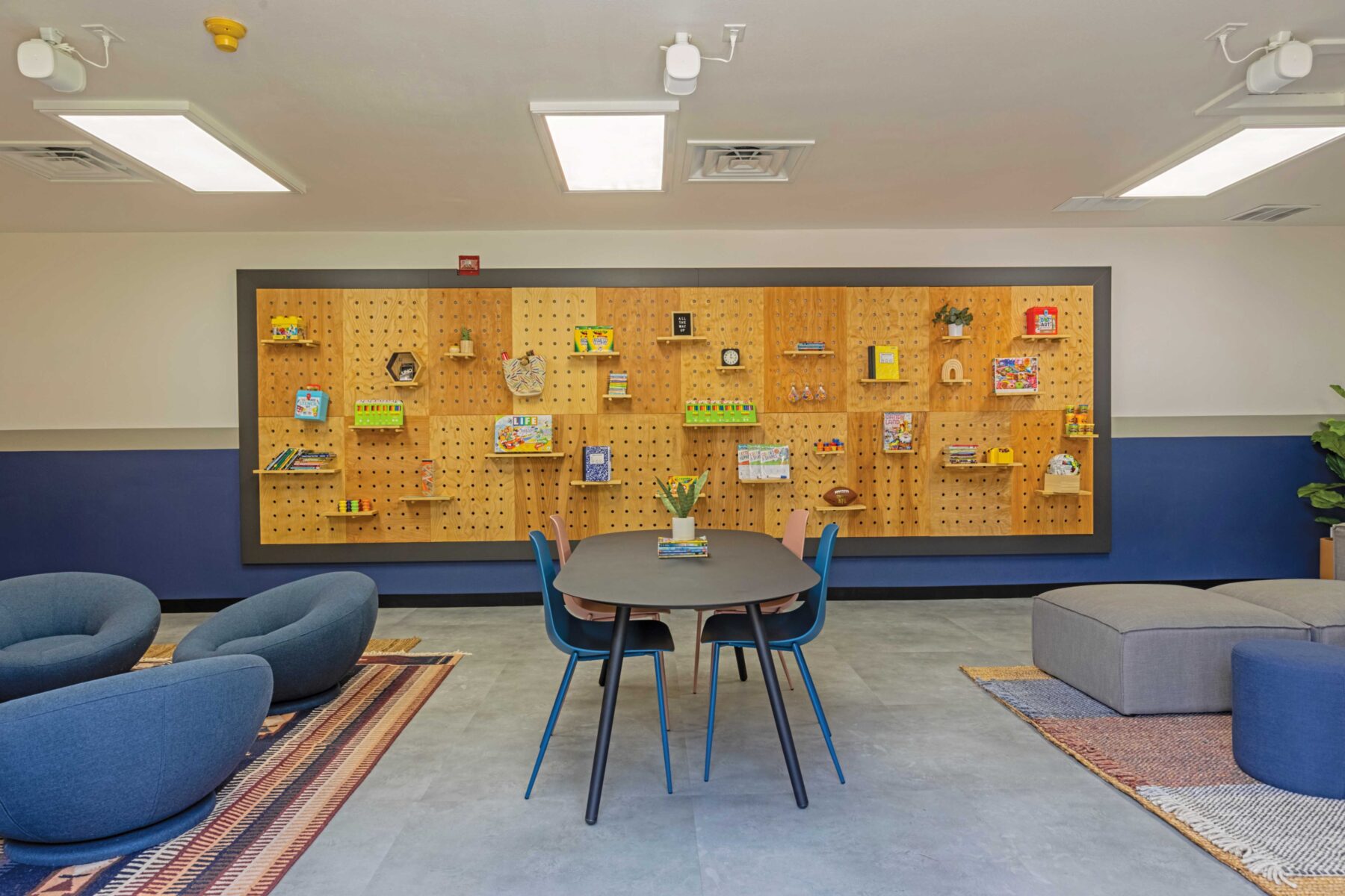 Clubhouse lounge with books and games, sofas and tables